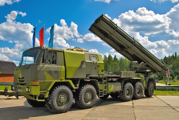Jet system of volley fire on truck. Russia