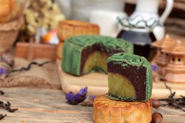 Festival moon cake - china dessert with green tea.