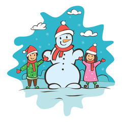Christmas card with children and snowman. vector illustration
