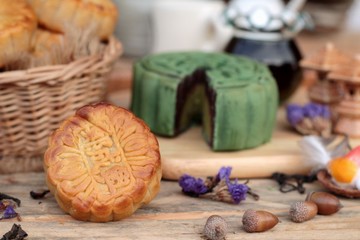 Festival moon cake - china dessert with green tea.