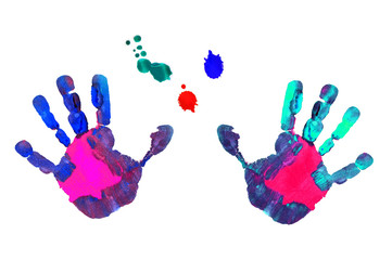 Children's handprints on a white background