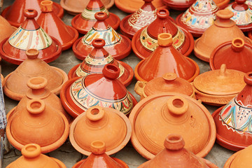 Selection of traditional tajines on Moroccan market
