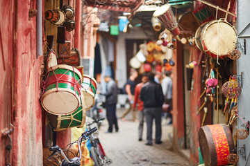 Naklejka premium Wybór bębnów na rynku marokańskim