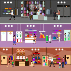 People shopping in a mall concept. Store Interior. Colorful vector illustration. Design elements and banners flat style