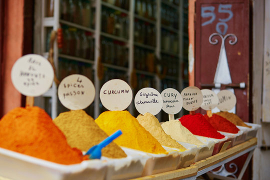 Selection of spices on a traditional Moroccan market in Marrakech, Morocco