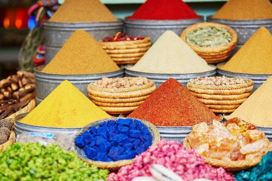 Selection of spices on a traditional Moroccan market in Marrakech, Morocco