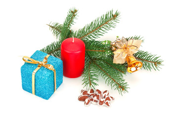 Christmas fir twigs, toys and gifts