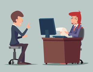 Task Conversation Job Interview Businessman at Desk Working on Computer Cartoon Characters Icon Stylish Background Retro Design Vector Illustration