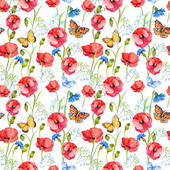seamless pattern, Wallpaper, scrapbook,flowers,watercolor poppies