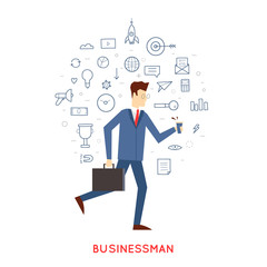 Doodle Businessman hurry to work around the icon. Flat design.
