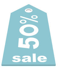 blue 50% sale shopping tag, isolated on white