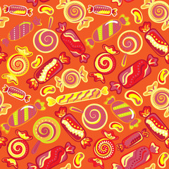 Seamless background with various candies. Vector illustration. Bright background with candies.