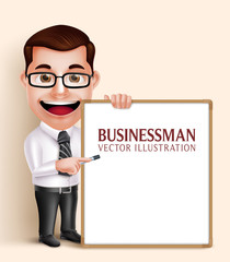 3D Realistic Professional Business Man Vector Character Holding Blank White Board for Presentation or Space for Text. Vector Illustration
