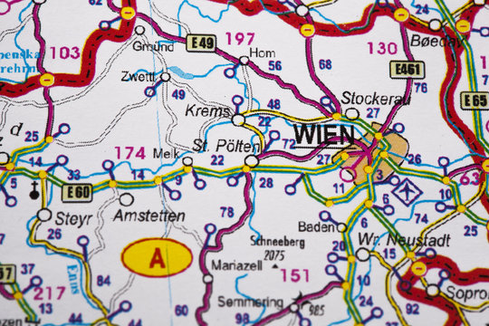 Map view of Vienna, Austria on a geographical map. 