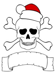 Skull with santa hat, crossed bones and empty ribbon for your text