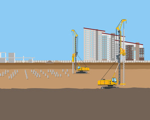 Piling machines installed piles at a construction site for a new home. Vector illustration
