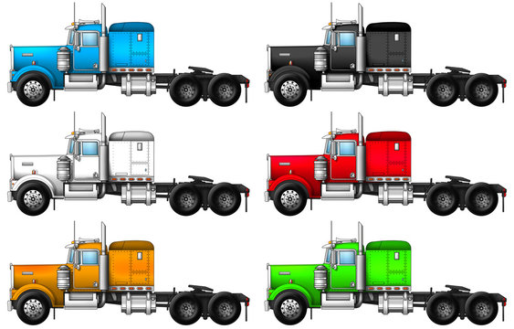 Image of truck kenworth w900. Six trucks of different colors on a white background.