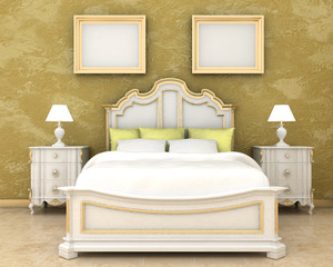 Interior decoration of luxury bedroom bed, night stand and picture frames on the decoration painted wall with wooden floor. Copy space image. 3d render