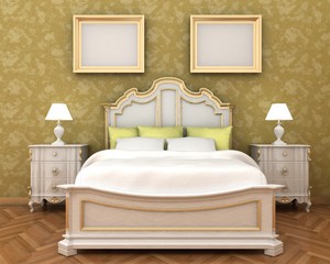 Interior decoration of luxury bedroom bed, night stand and picture frames on the decoration painted wall with wooden floor. Copy space image. 3d render