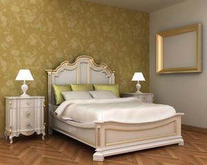 Interior decoration of luxury bedroom bed, night stand and picture frames on the decoration painted wall with wooden floor. Copy space image. 3d render