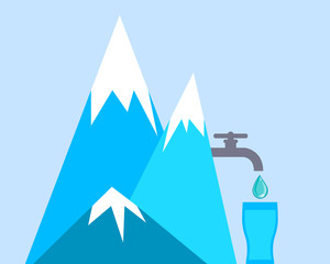 Clean mountain water dripping from a tap into a glass. Vector illustration