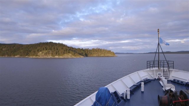 Bow of a cruise ship on an expedition. Slow Motion