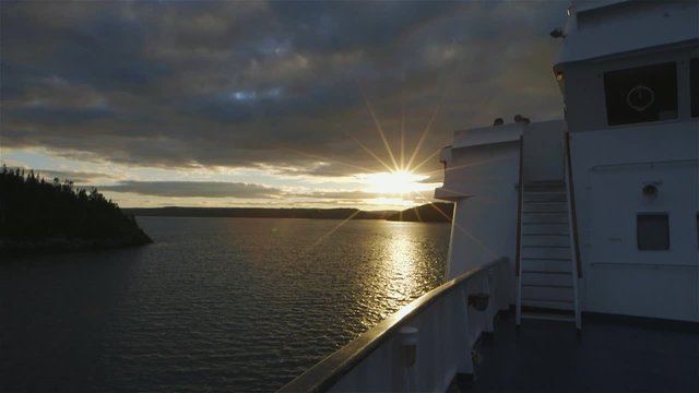 Ocean view seen through the railing of an arctic cruise ship. Slow Motion