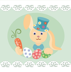 Mr.Bunny, Easter eggs in basket and  willow on the lace background