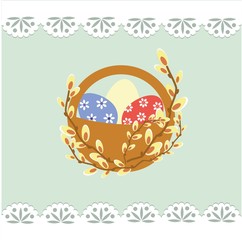 Easter eggs in basket and  willow 