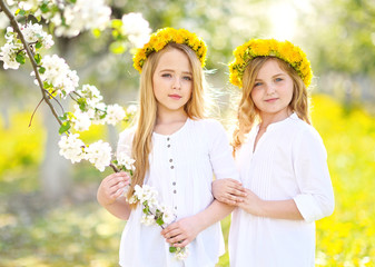 portrait of two girls of girlfriends on a summer nature