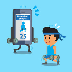 Cartoon smartphone helping a man to do dumbbell lunges exercise