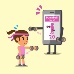 Cartoon smartphone helping a woman to do front dumbbell raise exercise