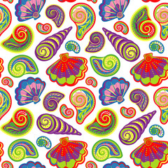 Naklejka premium Hand draw sea shells pattern. Seamless texture with hand painted oceanic life objects. Vector summer background