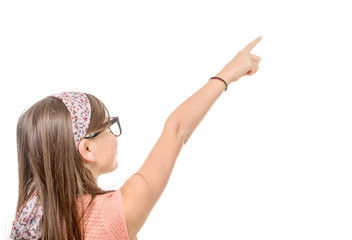 beautiful teenage with finger point up on white background