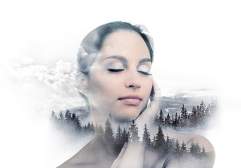 Beautiful young woman and beauty of nature.  On white background