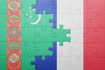 puzzle with the national flag of turkmenistan and france