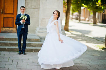 Fototapeta na wymiar Dance with dress bride background her groom