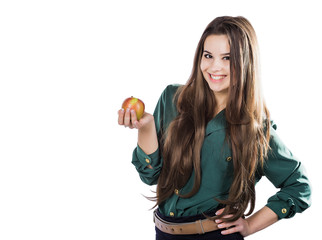 Young beautiful sexy girl with dark curly hair, holding big  apple to enjoy the taste and are dieting,  smile