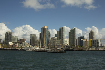 View of Historical ship museums in San Diego, California. City skyline background
