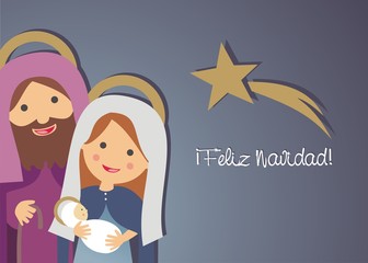 Feliz Navidad. José, María y el niño Jesús con la estrella en el cielo
