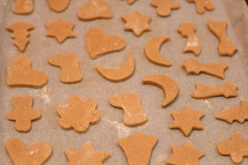 Honey cookies shaped like various Christmas symbols, ready for oven. Selective focus. 