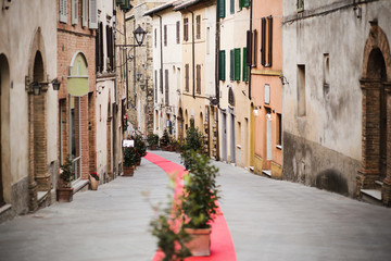 narrow europen strret with christmas decoration