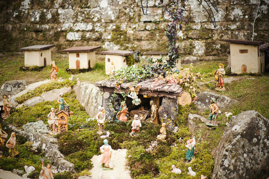 Christmas Crib. Figures of Baby Jesus, Virgin Mary