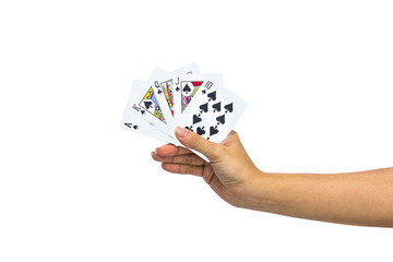 Playing cards in hand isolated on white background