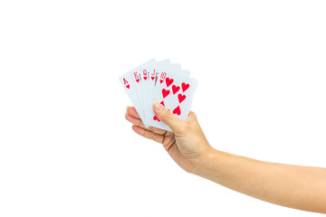 Playing cards in hand isolated on white background
