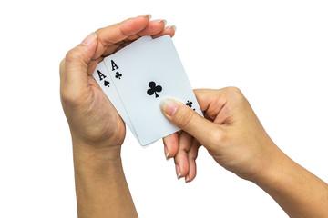 Playing cards in hand isolated on white background