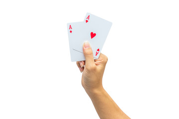 Playing cards in hand isolated on white background