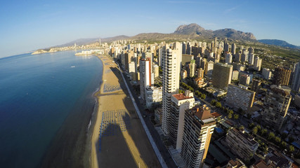 Panoramic aerial view of Playa de Levante, Benidorm blue sky, wa