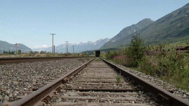 A tanker train car beneath the Bugaboo Mountains.