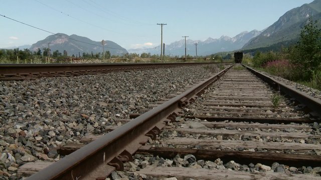 A tanker train car beneath the Bugaboo Mountains.